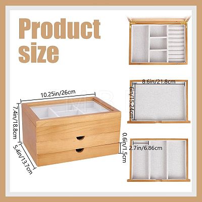 3-Tier Pine Wood Jewelry Storage Drawer Boxes with Visible Window CON-WH0095-222-1