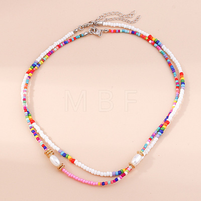 2Pcs Oval Glass Seed Beaded with Plastic Pearl Beaded Necklace Sets for Women FS-WGE85A7-03-1