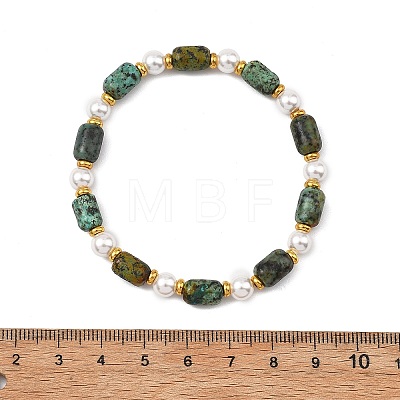 Natural Sunstone/Natural Strawberry Quartz/Natural African Turquoise(Jasper)/Natural Bronzite/Natural Mookaite & Shell Pearl & Brass Beads Stretch Bracelets for Women BJEW-JB13864-1