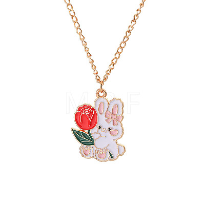 Alloy Enamel Cute Rabbit Bunny with Rose Flower Pendant Twisted Chain Necklaces for Women FS-WG5F625-01-1