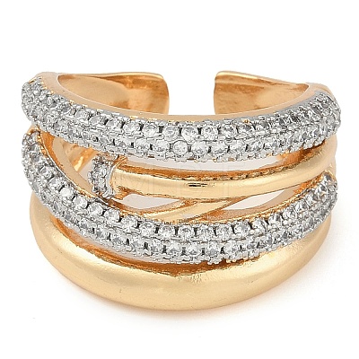 Brass Micro Pave Clear Cubic Zirconia Multi-layer Open Cuff Ring for Women RJEW-Q819-19G-1