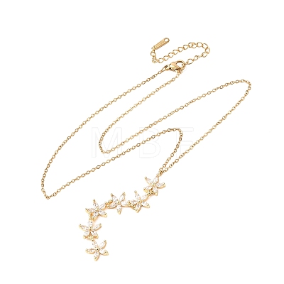 Brass Crystal Rhinestone 5 Flower Y Pendant 201 Stainless Steel Chain Necklaces for Women NJEW-C110-01G-1