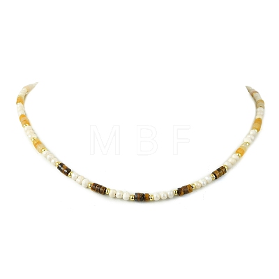 Natural Pink Aventurine & Yellow Aventurine & Tiger Eye Heishi Beads and Natural Cultured Freshwater Pearl Rice Beaded Necklaces for Women NJEW-JN06294-03-1