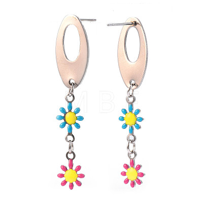 Oval with Flower Enamel Long Dangle Stud Earrings EJEW-N049-05B-1