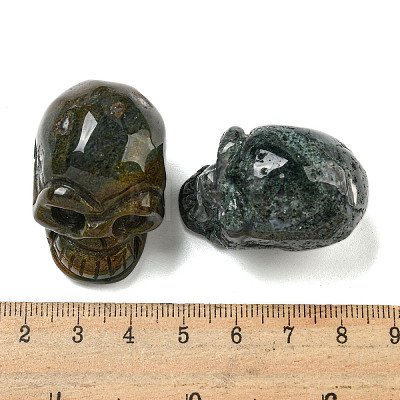 Halloween Natural Moss Agate Skull Figurines DJEW-L021-01A-1