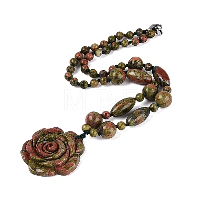 Natural Unakite Flower Pendant Necklaces NJEW-N064-08G-1