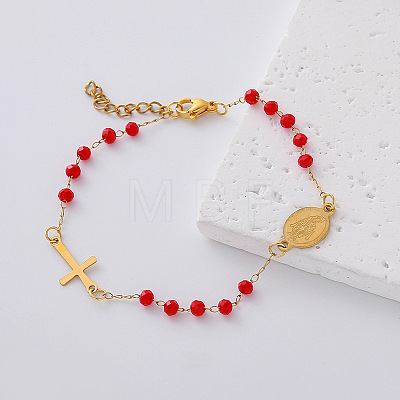 304 Stainless Steel Oval Religion Cross Link Resin Beaded Anklets for Women AH5734-5-1