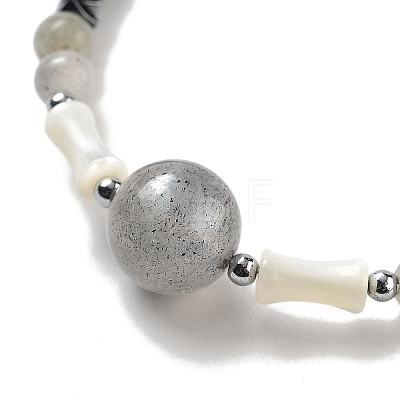 Natural Labradorite Round & Synthetic Non-magnetic Hematite & White Shell Beaded Bracelets for Women BJEW-K251-02E-1