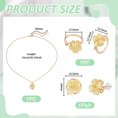 Brass Cat Eye Rotatable Clover Stud Earrings & Cuff Ring Ring & Titanium Steel Pendant Necklace SJEW-UN0001-25-1