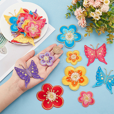  28Pcs 14 Style Plum Blossom & Butterfly Pattern Computerized Embroidered Cloth Patch DIY-NB0008-37-1