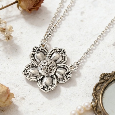 Vintage Alloy 5-Petal Flower Pendant 2-Strand Cable Chain Necklaces for Women WGE0472-01-1