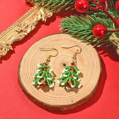Seed & Imitation Pearl Christmas Tree Dangle Earrings EJEW-MZ00094-1