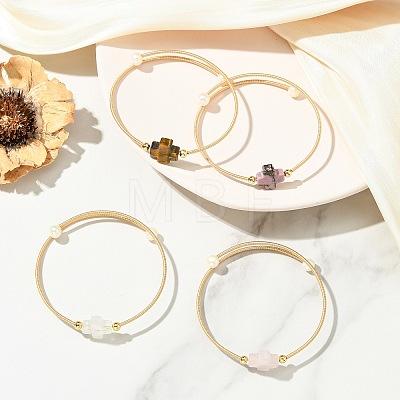 Natural Gemstone & Freshwater Pearl Beaded Copper French Wired Cuff Bangles for Women BJEW-JB13983-1