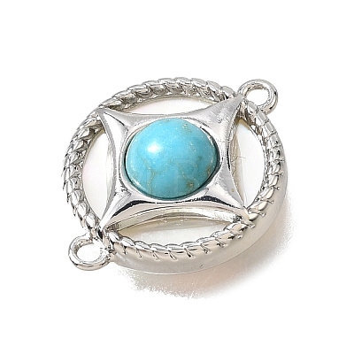 Synthetic Turquoise & Natural Shell Brass Flat Round Links Connector Charms KK-N289-16P-02-1