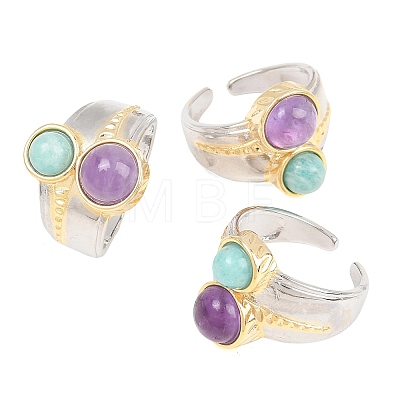 Natural Amethyst & Natural Amazonite with Brass Cuff Open Rings RJEW-B163-01GP-03-1