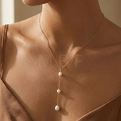 Adjustable Triple Faux Pearl Oval Tassel 304 Stainless Steel Lariat Y Necklaces for Women UT5440-1-1