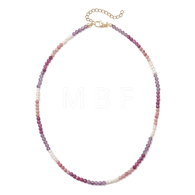 3.5MM Faceted Round Natural Amethyst & Rhodonite and Potato Natural Pearl Beaded Necklaces with 304 Stainless Steel End Chains NJEW-JN05974-02-1
