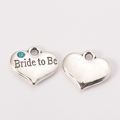 Wedding Theme Antique Silver Tone Tibetan Style Heart with Bride to Be Rhinestone Charms TIBEP-N005-10C-1