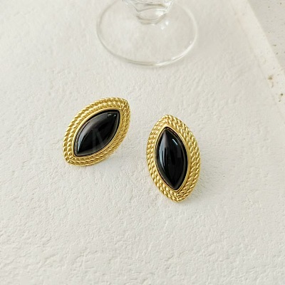 Horse Eye 304 Stainless Steel Natural Agate Stud Earrings FS-WGAD791-01-1