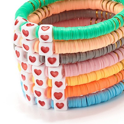 7Pcs 7 Style Polymer Clay Heishi Beaded Stretch Bracelets Set with Heart BJEW-JB07529-1