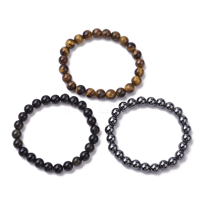 3Pcs 3 Styles Natural & Synthetic Mixed Gemstone Round Beaded Stretch Bracelets Set BJEW-JB10139-05-1