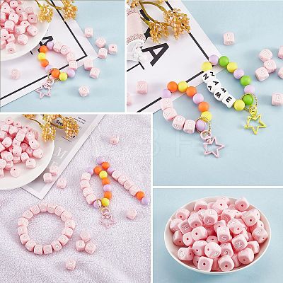 20Pcs Pink Cube Letter Silicone Beads 12x12x12mm Square Dice Alphabet Beads with 2mm Hole Spacer Loose Letter Beads for Bracelet Necklace Jewelry Making JX435I-1