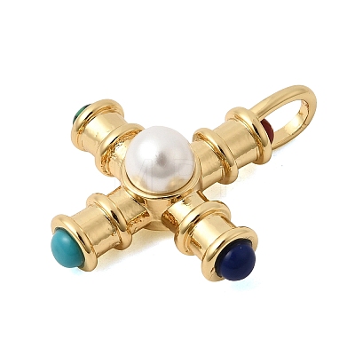 Brass with Synthetic Malachite & Turquoise and ABS Plastic Pearl Pendants X-KK-L267-02G-1