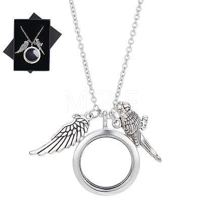 Alloy Wing Parrot Locket Pendant 304 Stainless Steel Cable Chain Necklaces for Women NJEW-DR00034-1