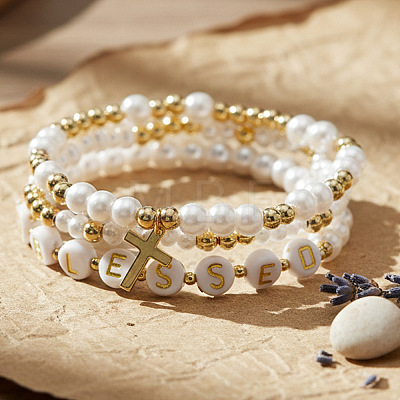 3Pcs Imitation Pearl Letter & Metal Cross Multi-Strand Bracelet Sets NP1361-1