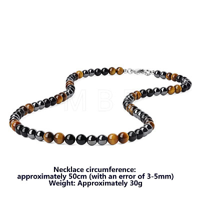 Synthetic Non-magnetic Hematite & Natural Tiger Eye & Obsidian Round Beaded Necklaces for Men YX5918-3-1
