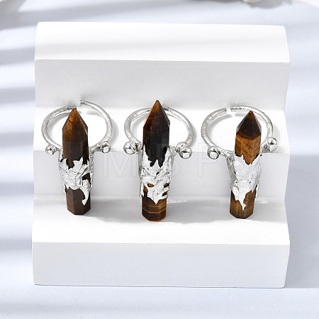 Natural Tiger Eye & Brass Cuff Rings for Women RJEW-G374-01P-11-1