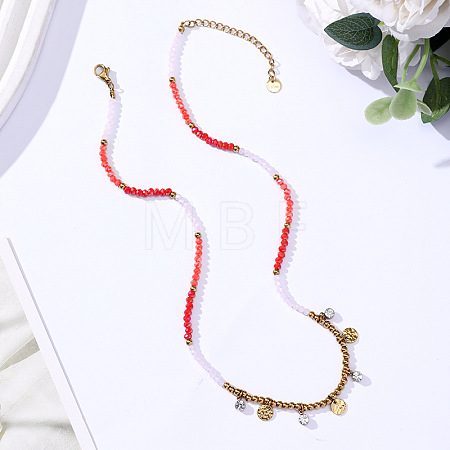 Boho 304 Stainless Steel Crystal Rhinestone Coin Tassel Pendant Glass Beaded Necklaces for Women WG01577-02-1