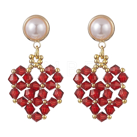 Glass Heart with ABS Plastic Pearl Dangle Stud Earrings EJEW-TA00233-1