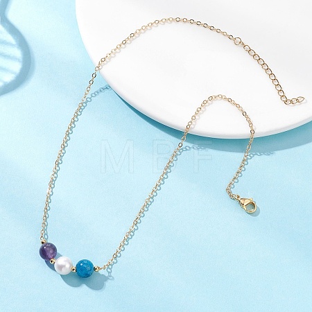 Natural Cultured Freshwater Pearl & Natural Amethyst & Apatite Round Beaded Pendant Brass Cable Chain Necklaces for Women NJEW-JN05686-1