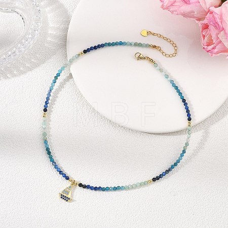Gradient Color Brass Micro Pave Cubic Zirconia Sailboat Pendant Natural Apatite & Kyanite & Amazonite & Pearl Beaded Necklaces for Women NJEW-JN06242-1