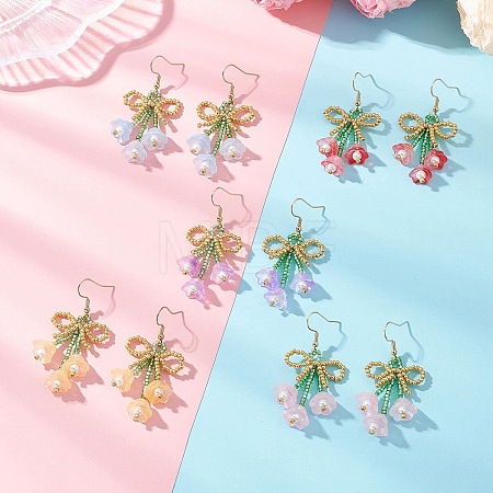 Flower with Bowknot Handmade Glass Seed Beads Dangle Earrings EJEW-MZ00655-1
