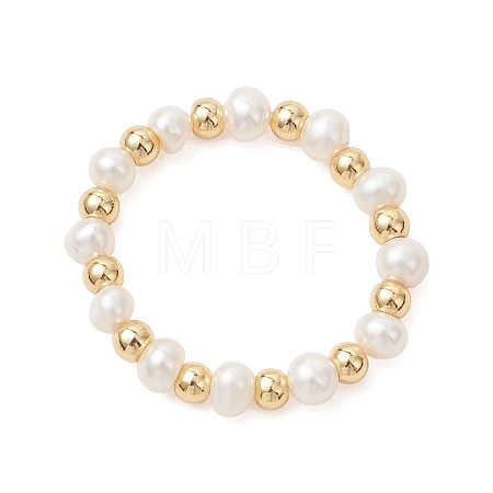 Natural Pearl & Brass Bead Finger Rings for Women RJEW-JR00963-01-1