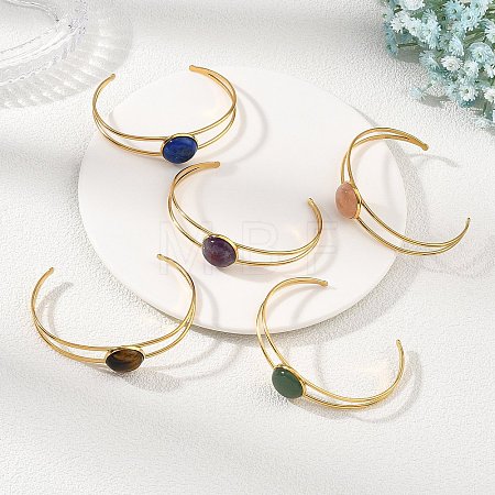 304 Stainless Steel & Natural Gemstone Cuff Bracelets for Women BJEW-JB14123-02-1