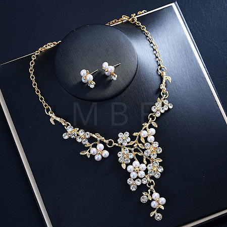 Alloy Rhinestone & Imitation Pearl Floral Necklace & Stud Earrings Sets for Women WGA95B7-02-1