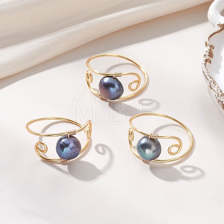 Copper Wired Natural Pearl Finger Rings RJEW-JR00979-1
