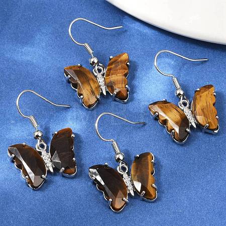 Natural Tiger Eye Brass Dangle Earrings EJEW-M081-01P-03-1
