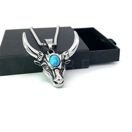Men's Vintage Stainless Steel Pave Synthetic Turquoise Cattle Head Pendant Necklaces GA2673-1