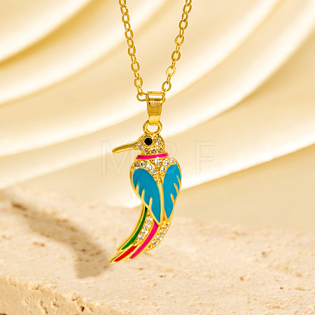 Brass Micro Pave Clear Cubic Zirconia Bird Pendant Necklaces with Enamel WGCF18B-01-1