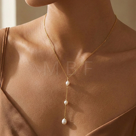 Adjustable Triple Faux Pearl Oval Tassel 304 Stainless Steel Lariat Y Necklaces for Women UT5440-1-1