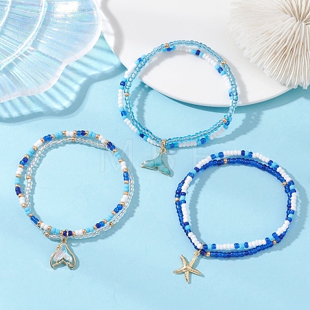 3Pcs 3 Styles Ocean Alloy Charm Bracelets Sets BJEW-MZ00338-1
