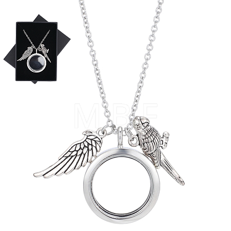 Alloy Wing Parrot Locket Pendant 304 Stainless Steel Cable Chain Necklaces for Women NJEW-DR00034-1