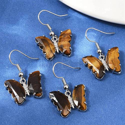 Natural Tiger Eye Brass Dangle Earrings EJEW-M081-01P-03-1