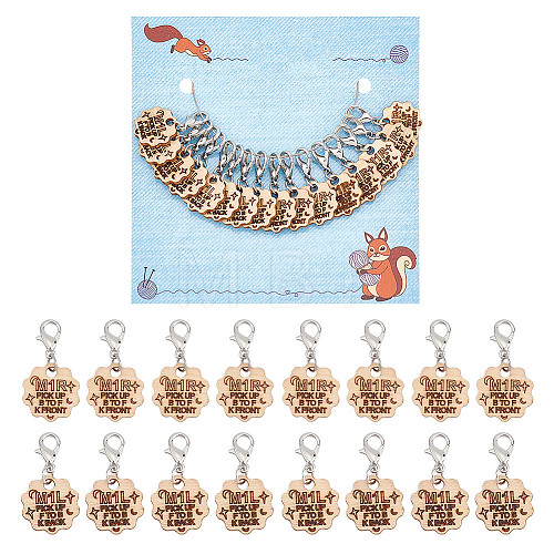 16Pcs 2 Style Flower with Word Wood M1R/M1L Pendant Locking Stitch Markers HJEW-AB00646-1