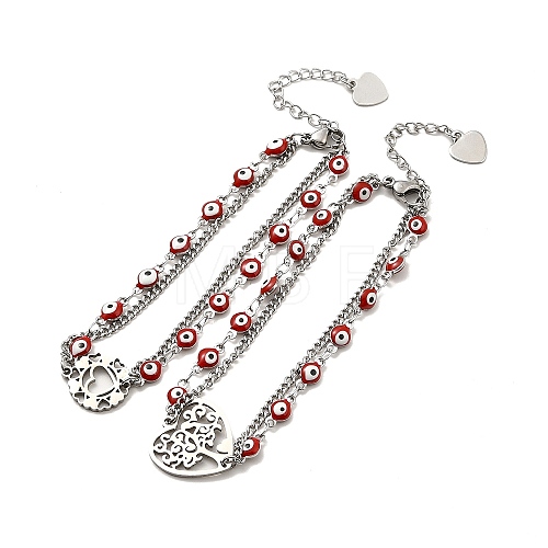 Red Enamel Evil Eye & 304 Stainless Steel Curb Chains Double Layer Multi-strand Bracelet with Charm for Women BJEW-C025-09P-1