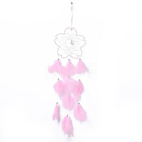 Handmade Flower Woven Net/Web with Feather Wall Hanging Decoration HJEW-A001-03A-1